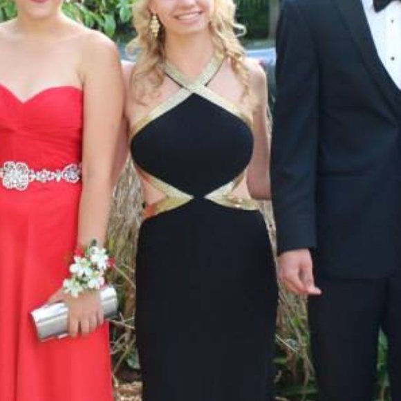 Black and Gold Bugle Beaded Cutout Prom Dress - Picture 2 of 7